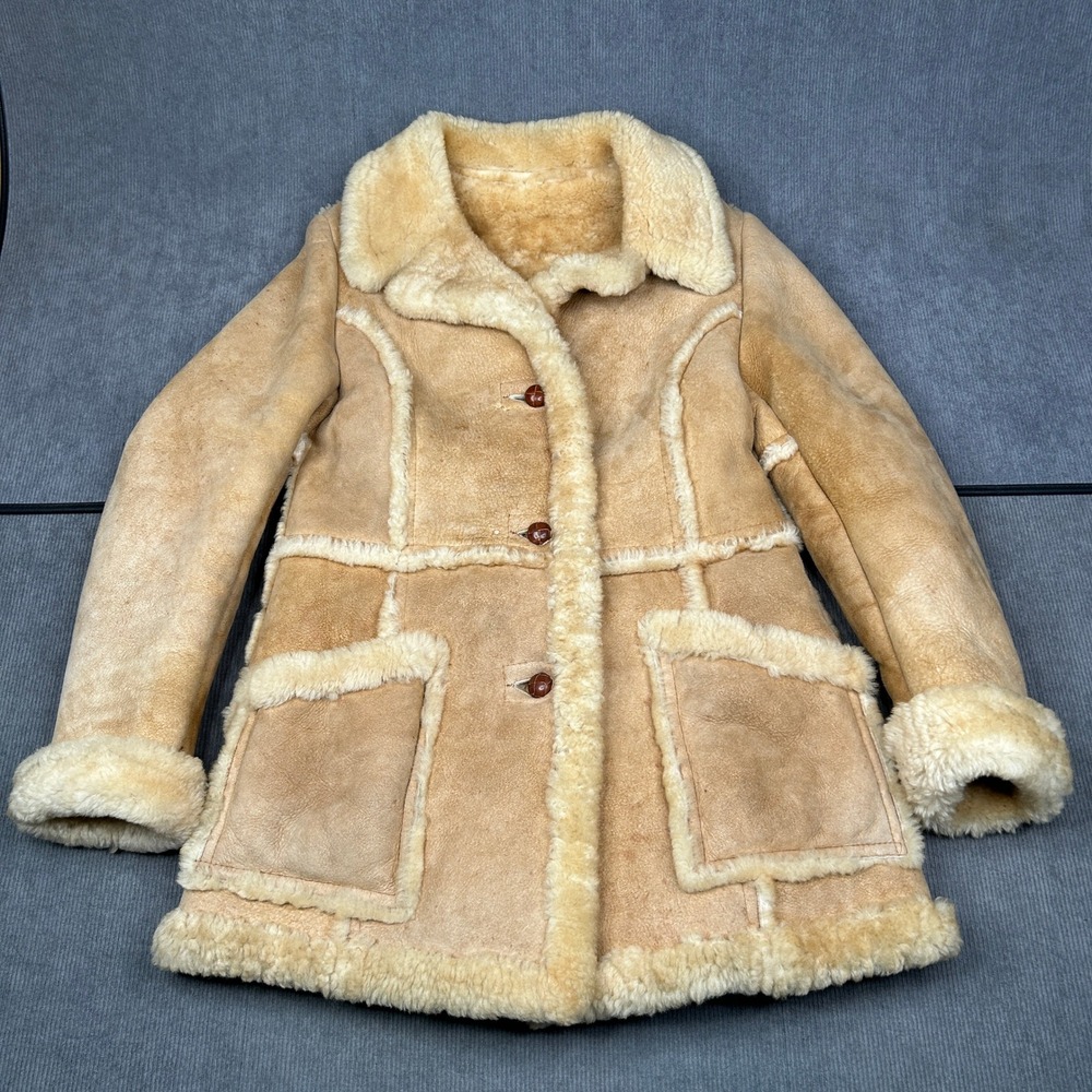 Vintage Shearling Sheepskin Coat Tan Suede Boho Western Faux Fur Trim Jacket
